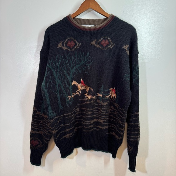 Vintage Other - Vintage Astra Fox Hunt Dogs & Horse Equestrian Themed Knit Sweater Size Small